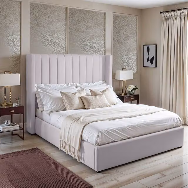 UK Bed Furniture Barcelona Upholstered Super King Bed in Silver with 48 Inch Headboard and Slatted Base, W/D/H: 200 x 200 cm