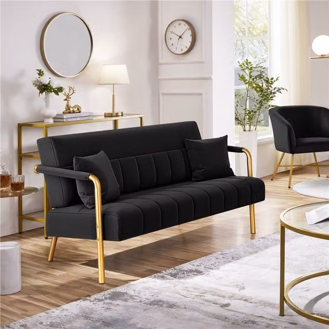 Yaheetech Modern Black Velvet Upholstered Sofa with Gold Metal Frame