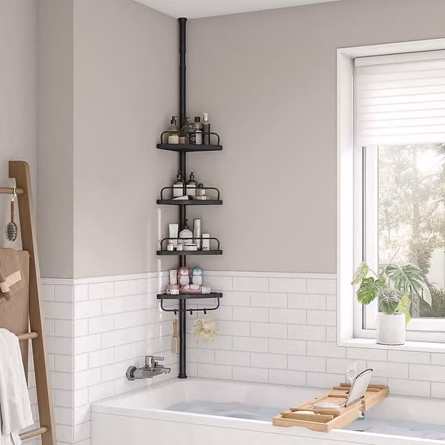 SONGMICS 4-Tier Adjustable Corner Bathroom Shower Shelf in Black Matt Metal – 1