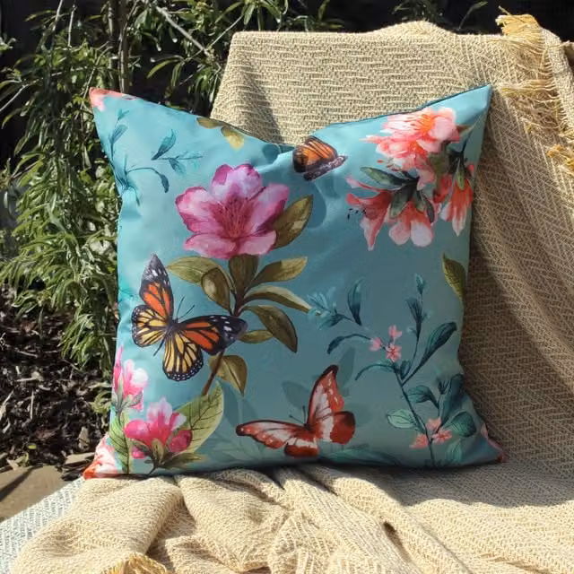 Terrys Floral Butterflies Outdoor Filled Square Cushion, Blue, W/D/H: 43 x 43 x 43 cm