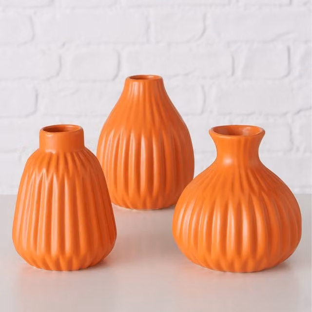 Boltze Set of 3 Orange Pleated Porcelain Bud Vases for Tabletop