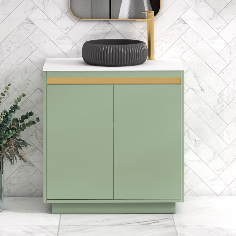 Royal Bathrooms Orion 800mm Mint Sage Floor Standing 2 Door Vanity Unit with Milan Black Basin and Brushed Brass Accent Trim