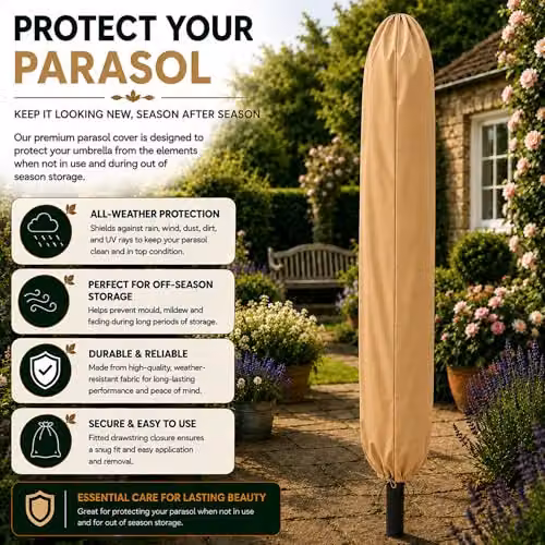 GlamHaus Garden Parasol Umbrella in Sand with UPF 40 Protection and Cover – 6