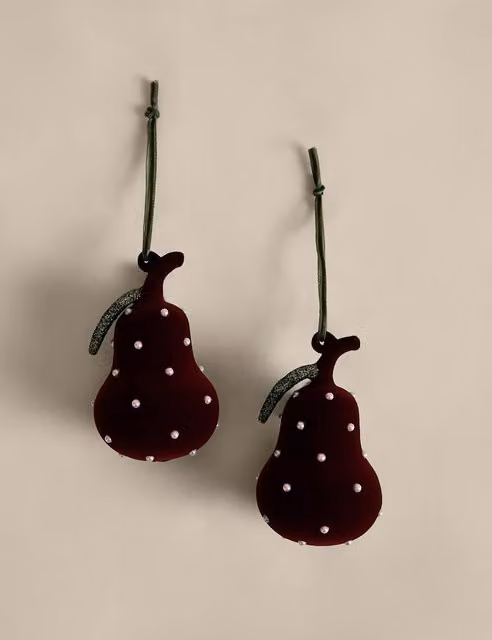 M&S 2 Pack Burgundy Glass Velvet Pear Christmas Baubles