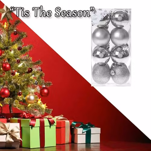 VFM e-Store Silver Christmas Bauble Hanging Tree Ornaments, Pack of 16, Diameter: 5 cm – 6