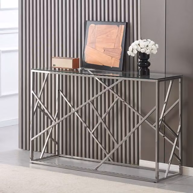 Comfy Living Silver Metal and Glass Geometric Rectangular Console Table