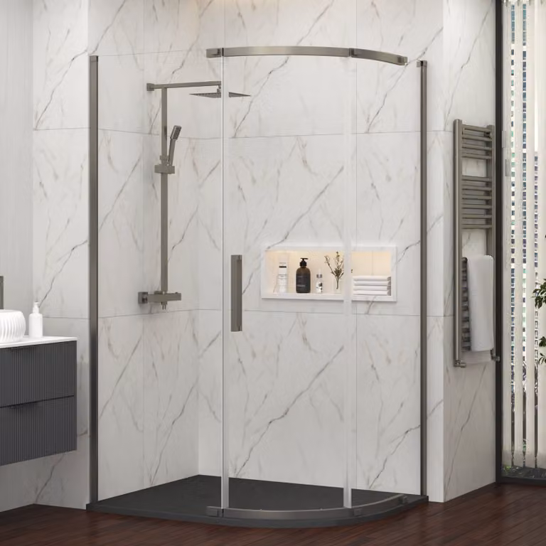 Royal Bathrooms Chelsea Single Door Offset Quadrant Shower Enclosure with Black Mineral Cast Stone Tray, Gun Metal Grey, W: 120 cm, D: 80 cm, H: 195 cm