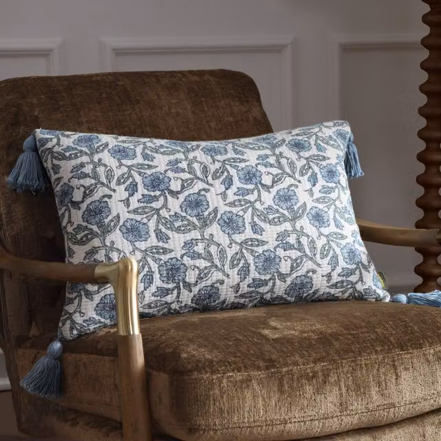 Paoletti Delphine Floral Tasselled Cotton Cushion in Blue, W/H: 60 x 40 cm – 2