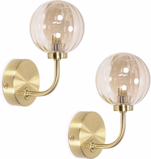 ValueLights Chessy Pair of Ribbed Glass Globe Shade Gold Stem Wall Lights with LED Bulbs