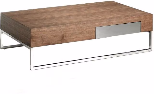 Angel Cerda Walnut Veneer Rectangular Coffee Table in Brown with Chrome Metal Legs W/D/H: 120 x 70 x 33 cm