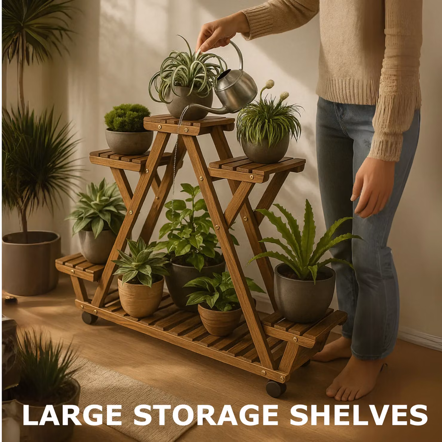 Rafaelo Mobilia 6 Tier Brown Bamboo Wooden Plant Stand with Lockable Wheels – 3