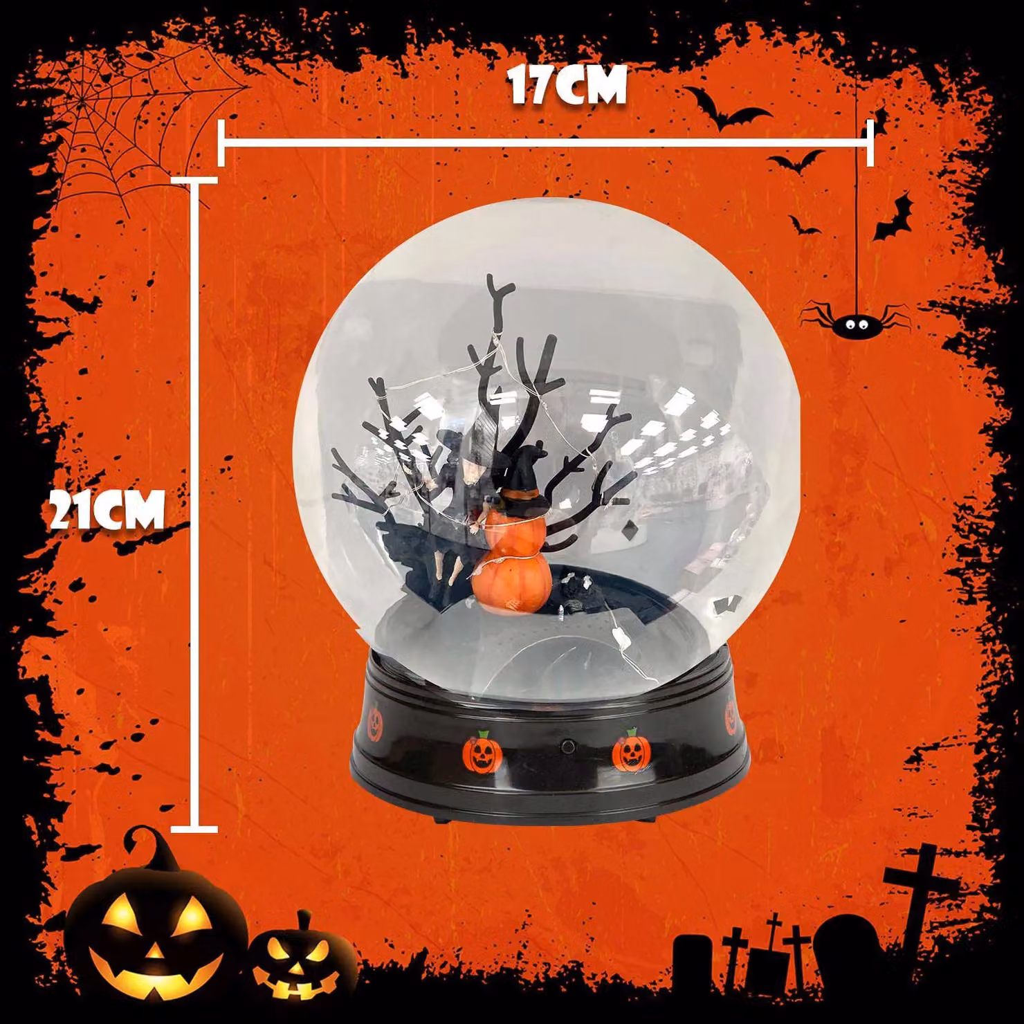VFM e-Store Halloween Round Glass Globe Light Up Tabletop Decoration, Black, W: 21 cm, D: 17 cm, H: 2.54 cm – 2