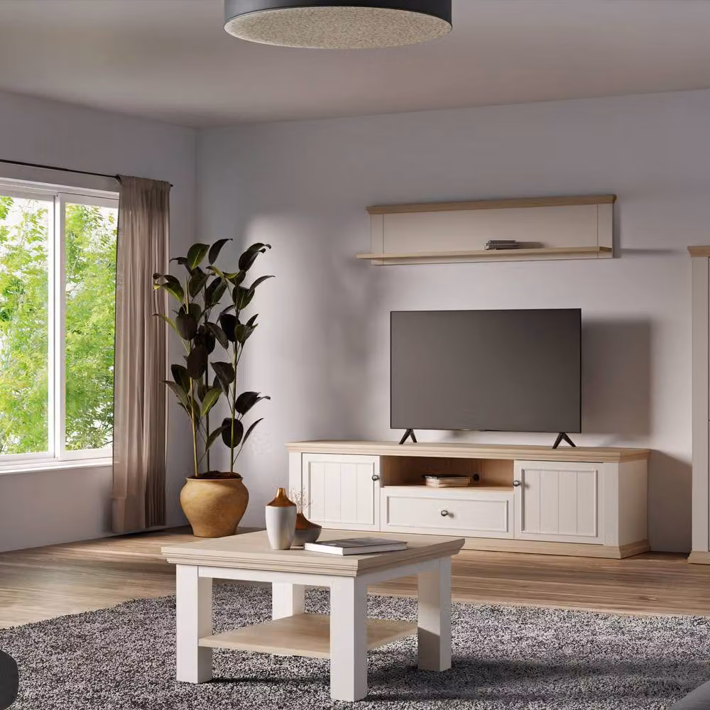 Furniture To Go Pontypool Wide TV Unit in White and Oak with 2 Doors, Drawer and Open Shelf – 3