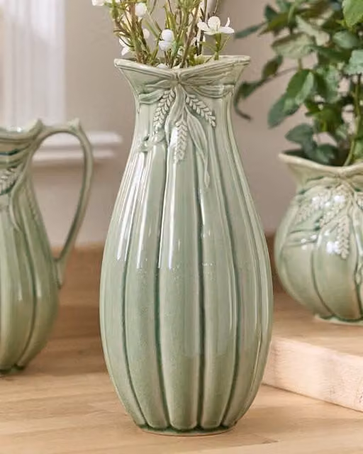 Dibor Traditional Green and White Ceramic Tall Tabletop Flower Vase