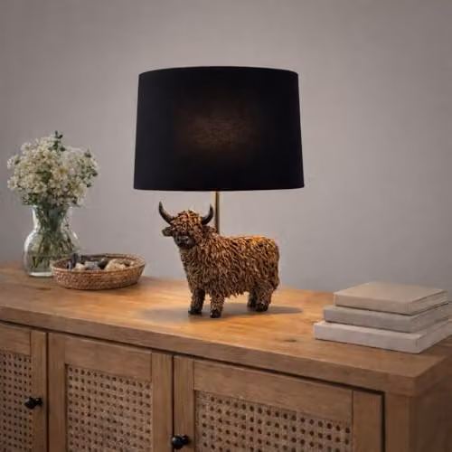 Candlelight Highland Cow Metal Table Lamp in Black or Bronze, H 44.0 cm x W 26.0 cm x D 26.0 cm – 2
