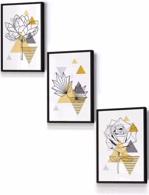 ARTZE Geometric Flowers and Leaves Framed Wall Art in Black, Yellow and Grey, W: 33 cm, H: 45 cm, D: 2 cm