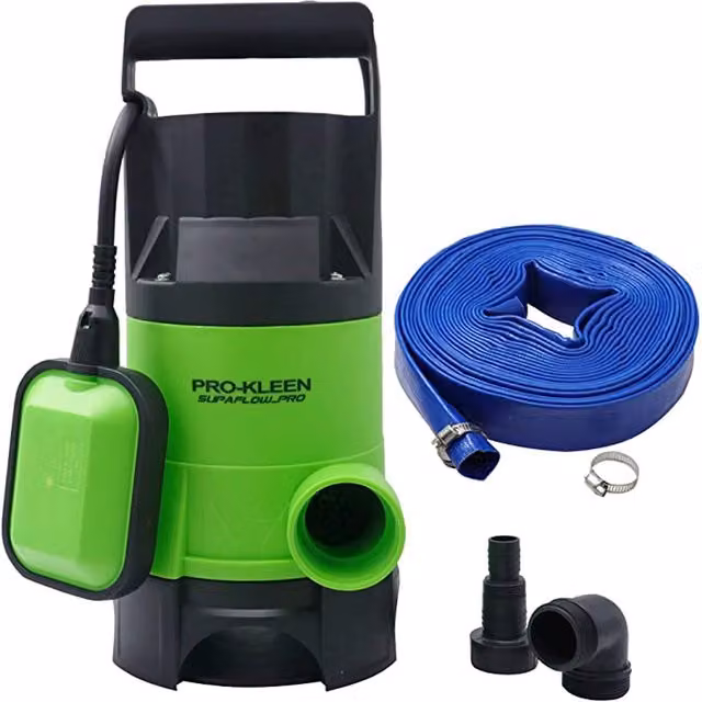 Pro-Kleen 400W Electric Submersible Water Pump with 5m Layflat Hose and Float Switch for Clean or Dirty Water, Green and Blue – 1