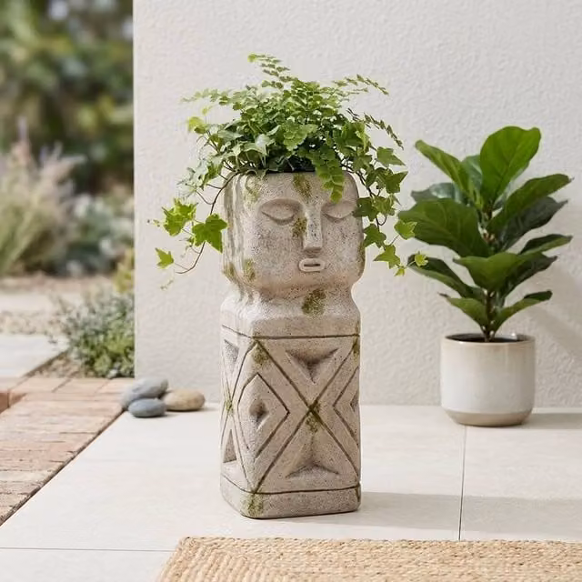 Garden Greatness Aztec Pillar Planter in Grey, Geometric Stone Tabletop Design