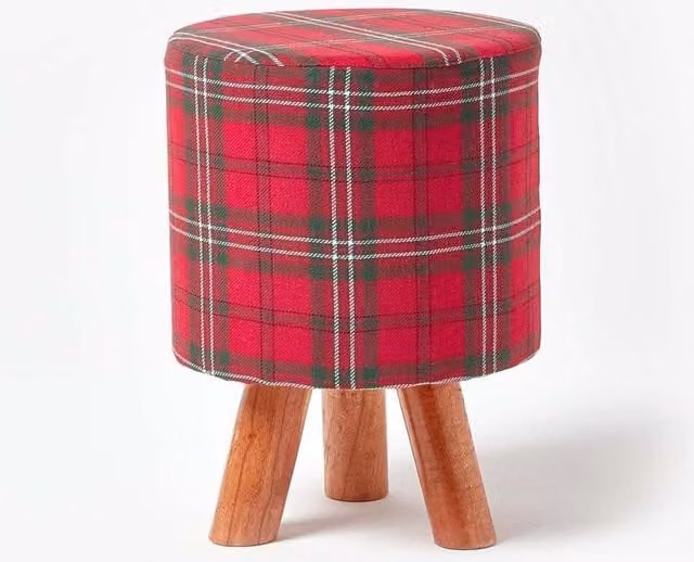 Homescapes Red Checked Tartan Fabric Footstool with Wooden Legs