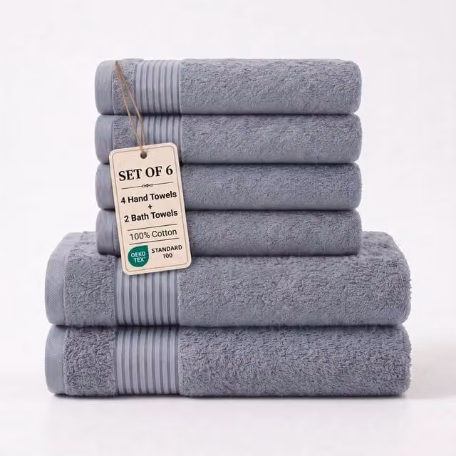 Grace Premium Set of 6 Grey Cotton Bath and Hand Towels, 500 GSM