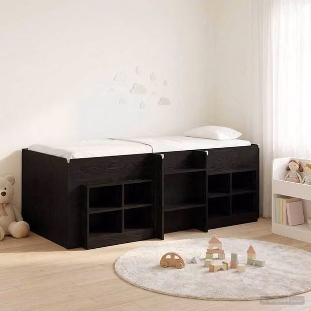 Berkfield Home Loft Bed Frame with Cabinet and Side Compartments in Black Engineered Wood – 1