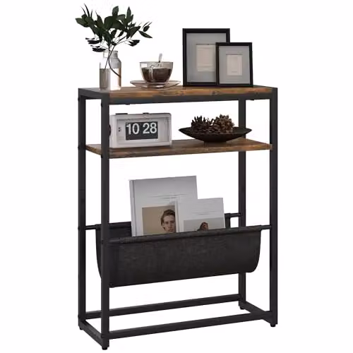 HOMCOM Industrial Narrow Side Table with 3-Tier Storage, Brown and Black, W: 43 cm, D: 18 cm, H: 56 cm