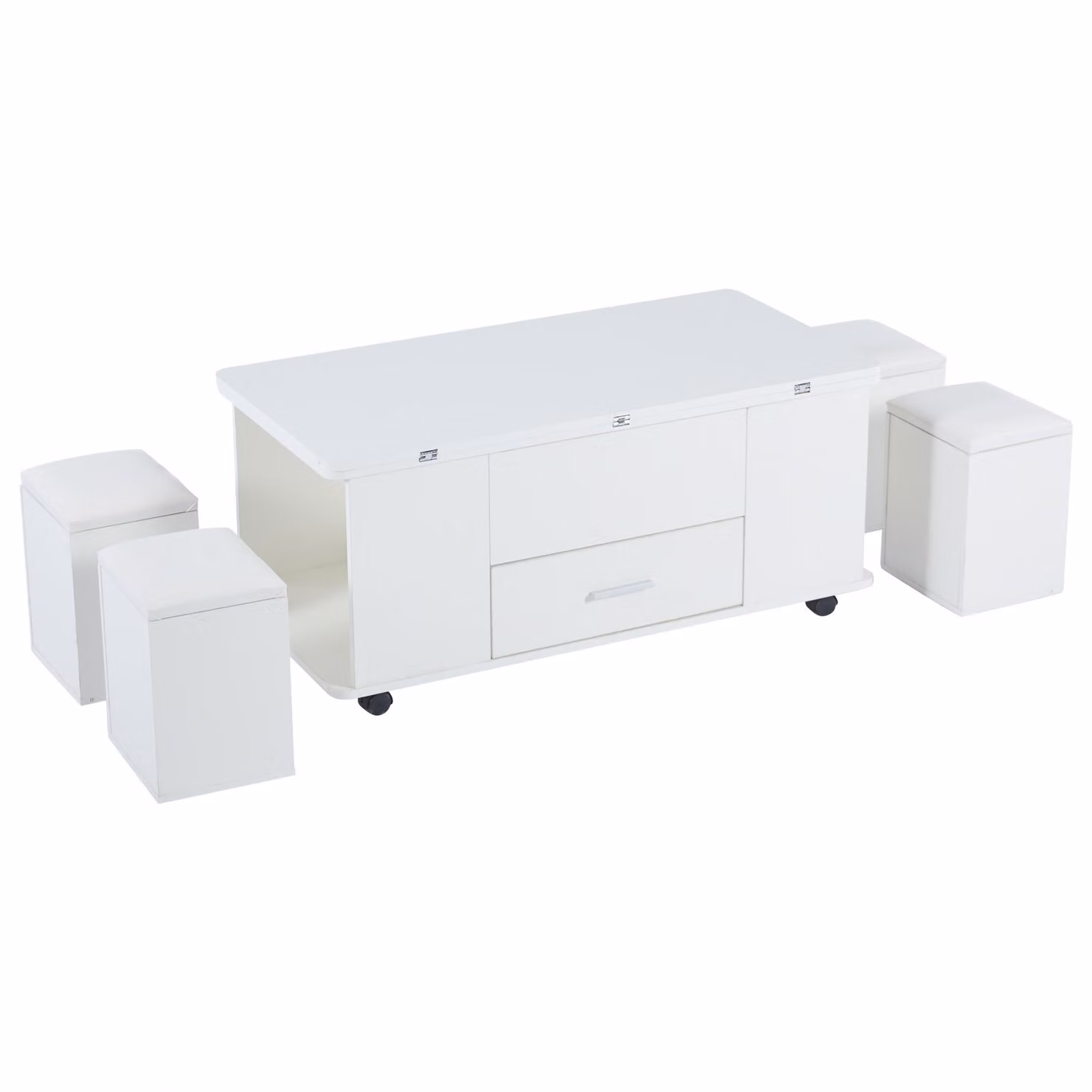Aosom UK Modern White Lift-Top Coffee Table with Hidden Storage and 4 Stools, W: 100 cm, D: 50 cm, H: 45 cm – 2
