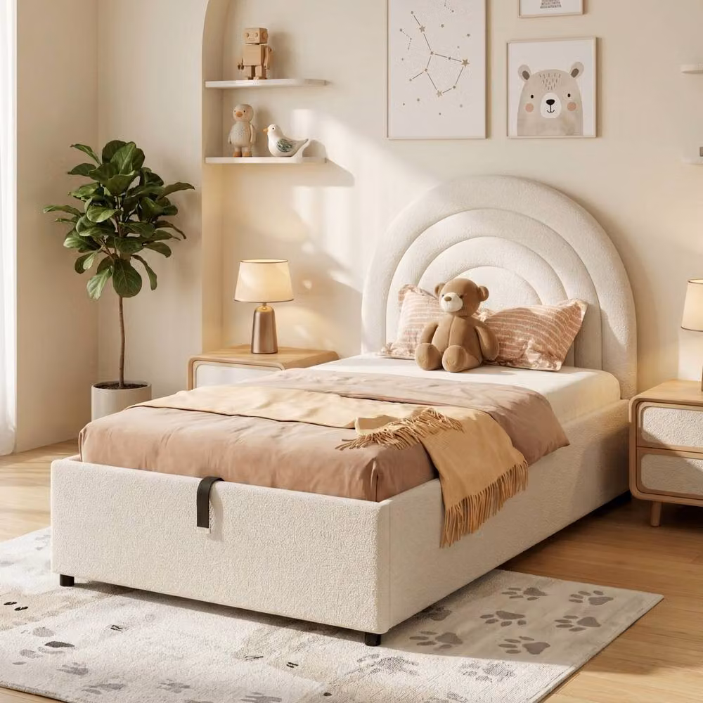 ModernLuxe Kids Single Bouclé Upholstered Bed with Hydraulic Storage and Headboard in Beige – 3