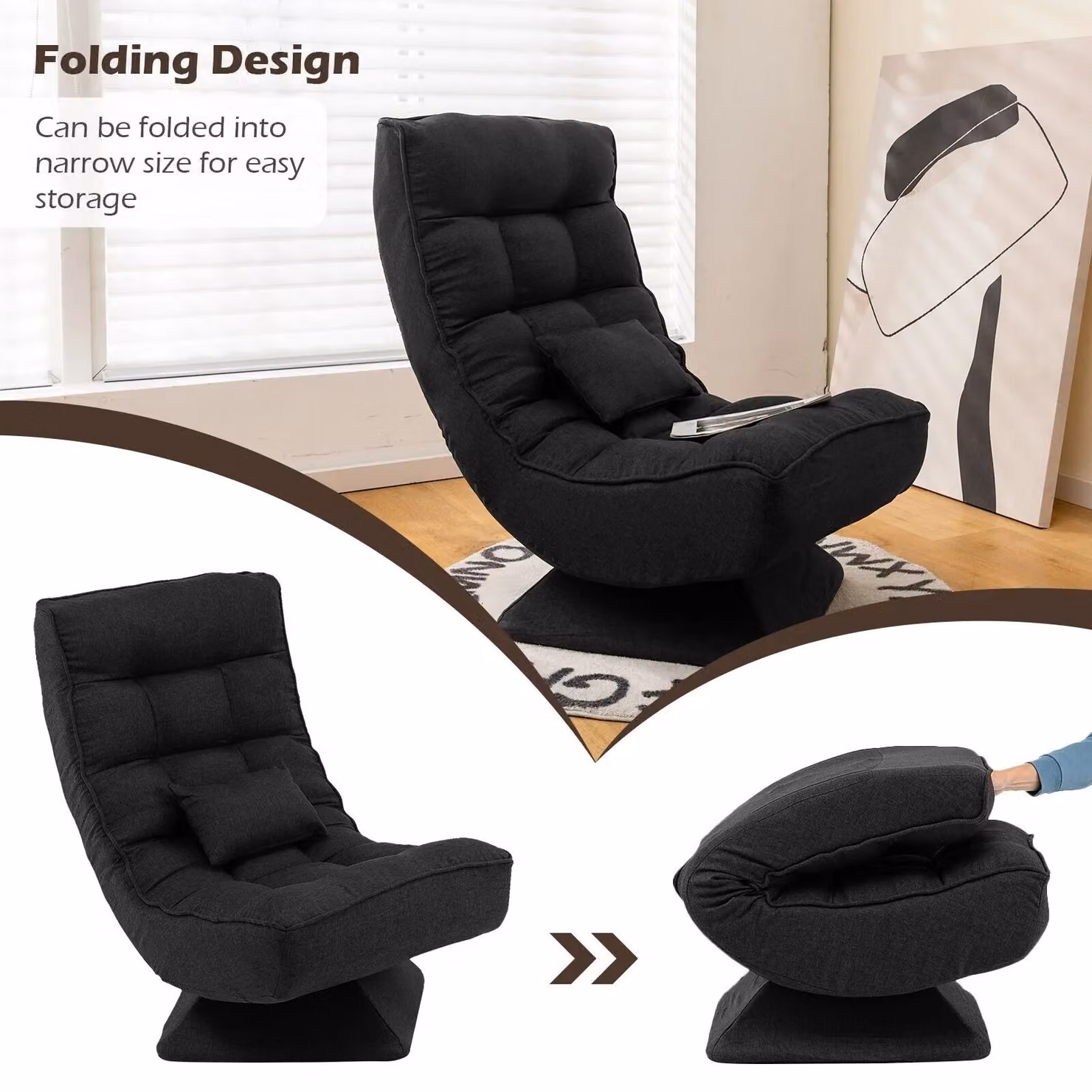 Costway Black Folding Floor Gaming Chair with 360 Degree Swivel and 4-Position Adjustable Backrest – 5