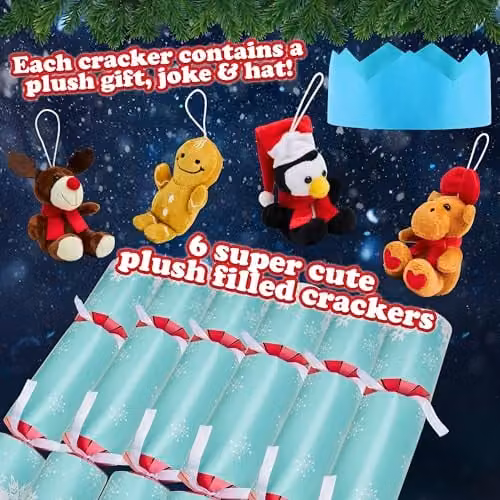 KreativeKraft Luxury Christmas Crackers, Set of 6 Plush Animal Hanging Tree Ornaments in Green and Multicolour – 7