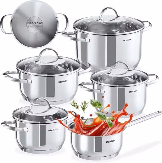 tectake 9-Piece Stainless Steel Uncoated Cooking Pot Set with Lids in Silver, Induction Compatible