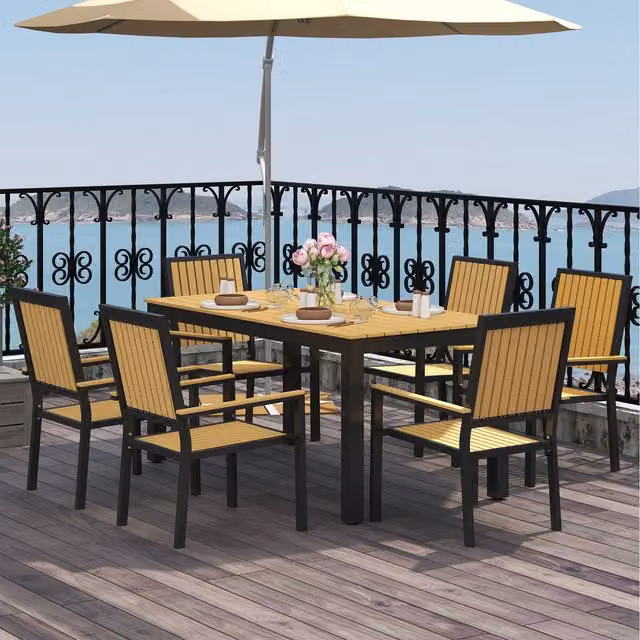 Outsunny 6 Seater Aluminium Patio Dining Set with Stackable Chairs in Brown and Natural Wood Finish
