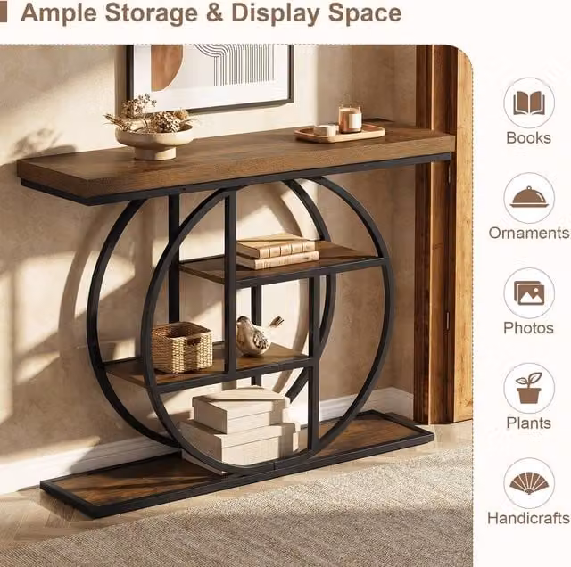 Costway 4-Tier Geometric Console Table with Storage Shelves in Brown