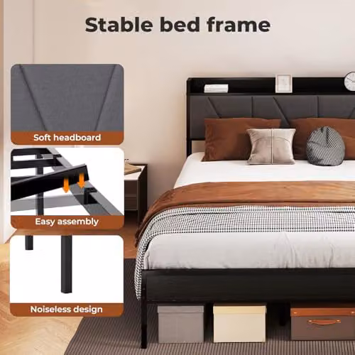 Levede Modern Upholstered Metal Bed Frame with Side Compartments and Headboard in Black, W/D/H: 140 x 200 x 135.5 cm – 7