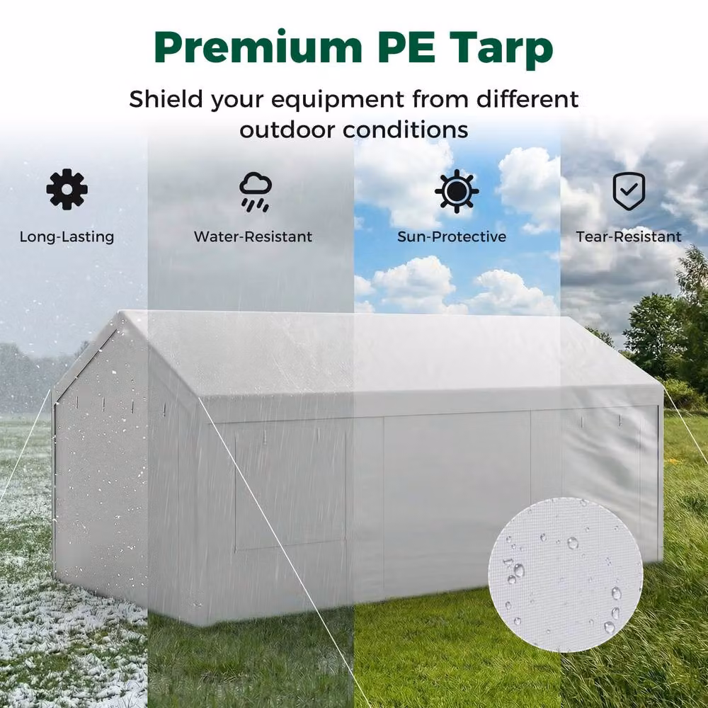 Costway White Car Canopy Carport with Roll-Up Windows and Removable Doors, W: 304.8 cm, D: 280 cm, H: 579.1 cm – 7