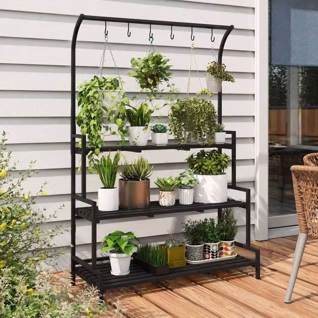 STILVORA 3 Tier Plant Stand with Hooks, Black, H 170 x W 110 x D 34 cm
