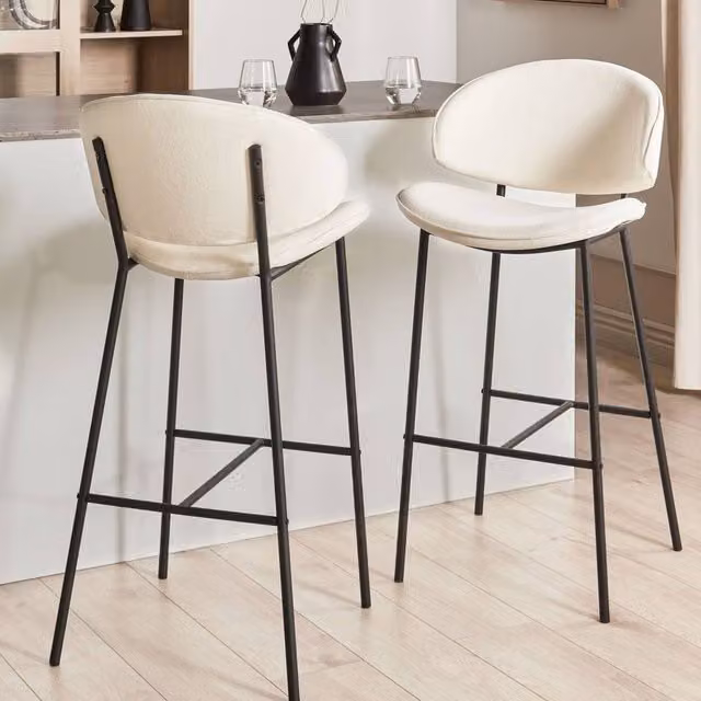 Wyld and Coco Set of 2 Armless Dining Bar Chairs in Light Beige Fabric with Black Powder Coated Metal Legs