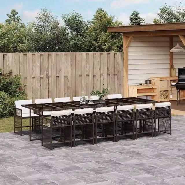 Berkfield Home 13 Piece Brown Poly Rattan Garden Dining Set with Cushions