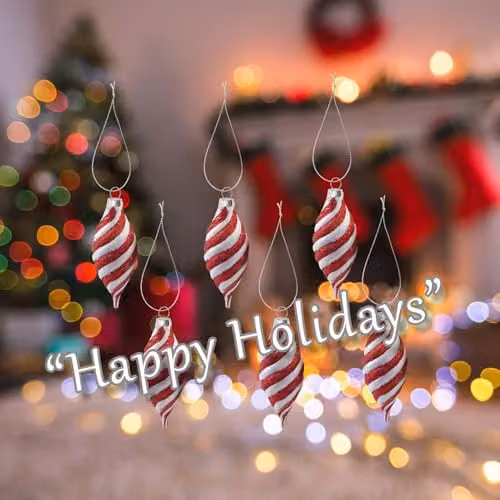 VFM e-Store Christmas Glass Hanging Pendant Decorations in Red and White Striped Geometric Patterns, Pack of 6 – 3
