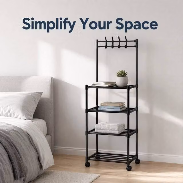 EONLION Black 4 Tier Metal Shelving Unit with Wheels for Kitchen or Bathroom