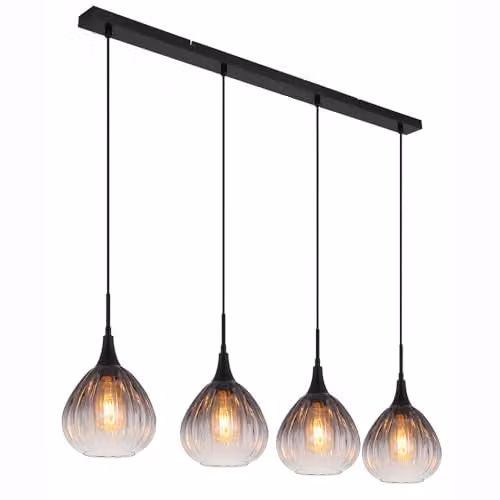 Globo Lighting Olsen Bar Pendant Light with Black Metal and Smoke Glass Shades, 4x E27, Height: 120 cm, Width: 120 cm, Depth: 20 cm – 1