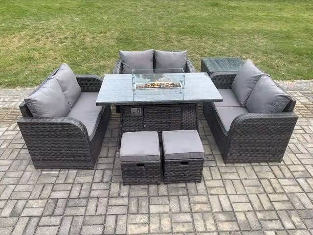 Fimous Rattan Outdoor Garden Furniture Set in Dark Grey with Gas Fire Pit Dining Table, Love Sofa, 2 Small Footstools and Side Tables