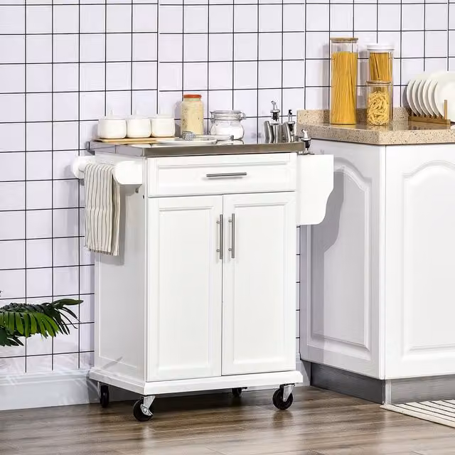 HOMCOM White Kitchen Cart Storage Trolley with Metal Frame, Drawers and Hinged Doors – 1