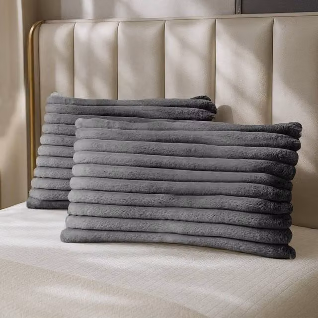 Velosso Pair of Jumbo Cord Faux Rabbit Fur Pillowcases in Charcoal Grey