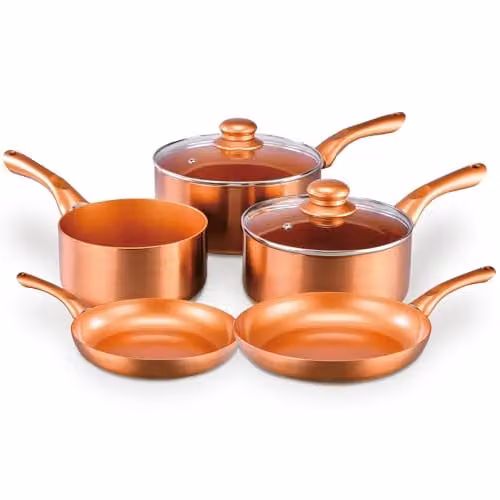 Cermalon 5-Piece Copper Collection Cookware Set with Ceramic Non-Stick Coating in Bronze and Copper, including 2 Frying Pans and 3 Saucepans, Compatible with All Hob Types, PTFE and PFOA Free – 1