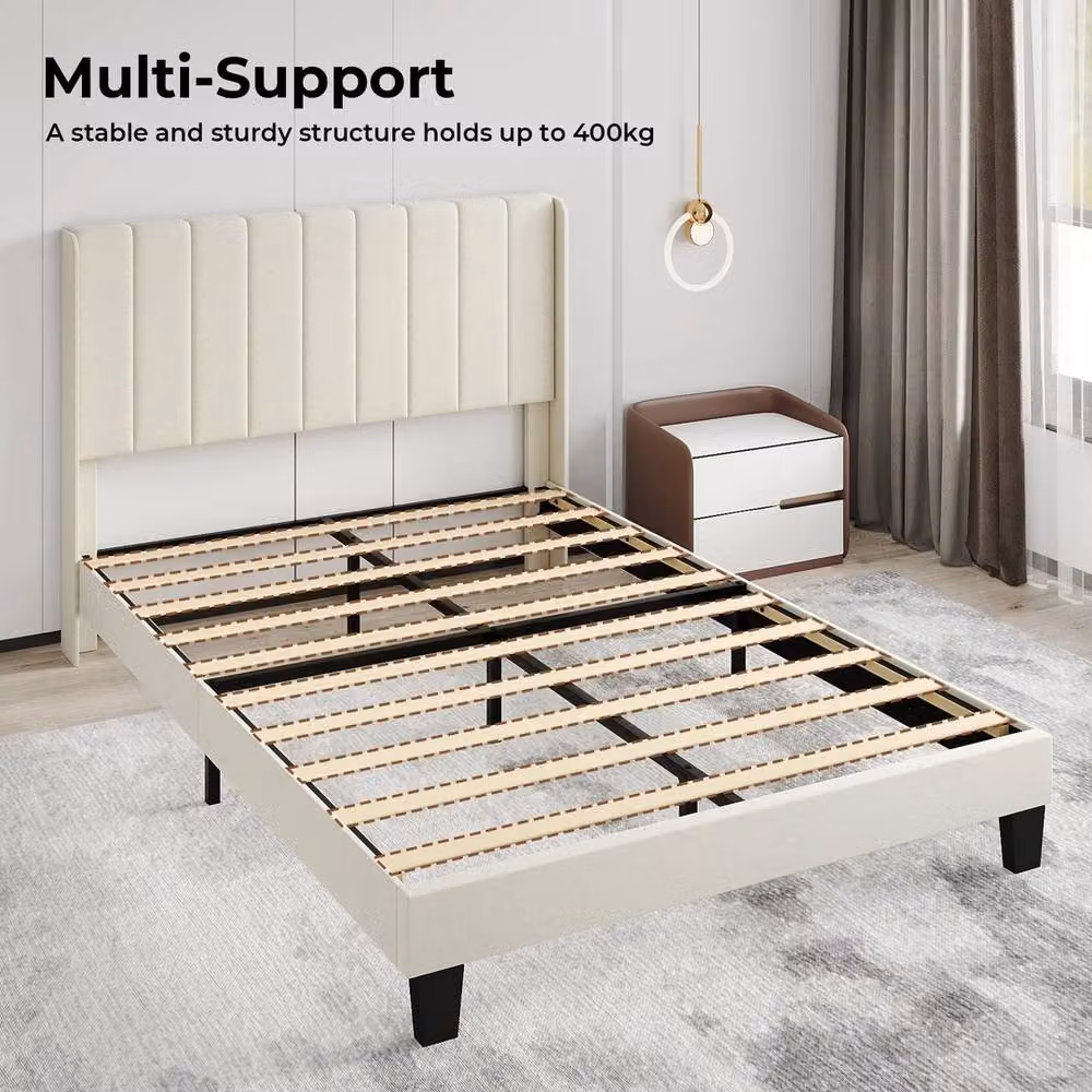VOGREX Double Plush Upholstered Platform Bed Frame in Beige, W/D/H: 140 x 200 cm – 4