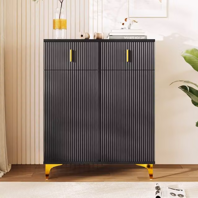 BTM Elegant Sideboard Shoe Cabinet with Adjustable Shelves, Black and White with Gold Accents, W/D/H: 101 x 35 x 83 cm – 1