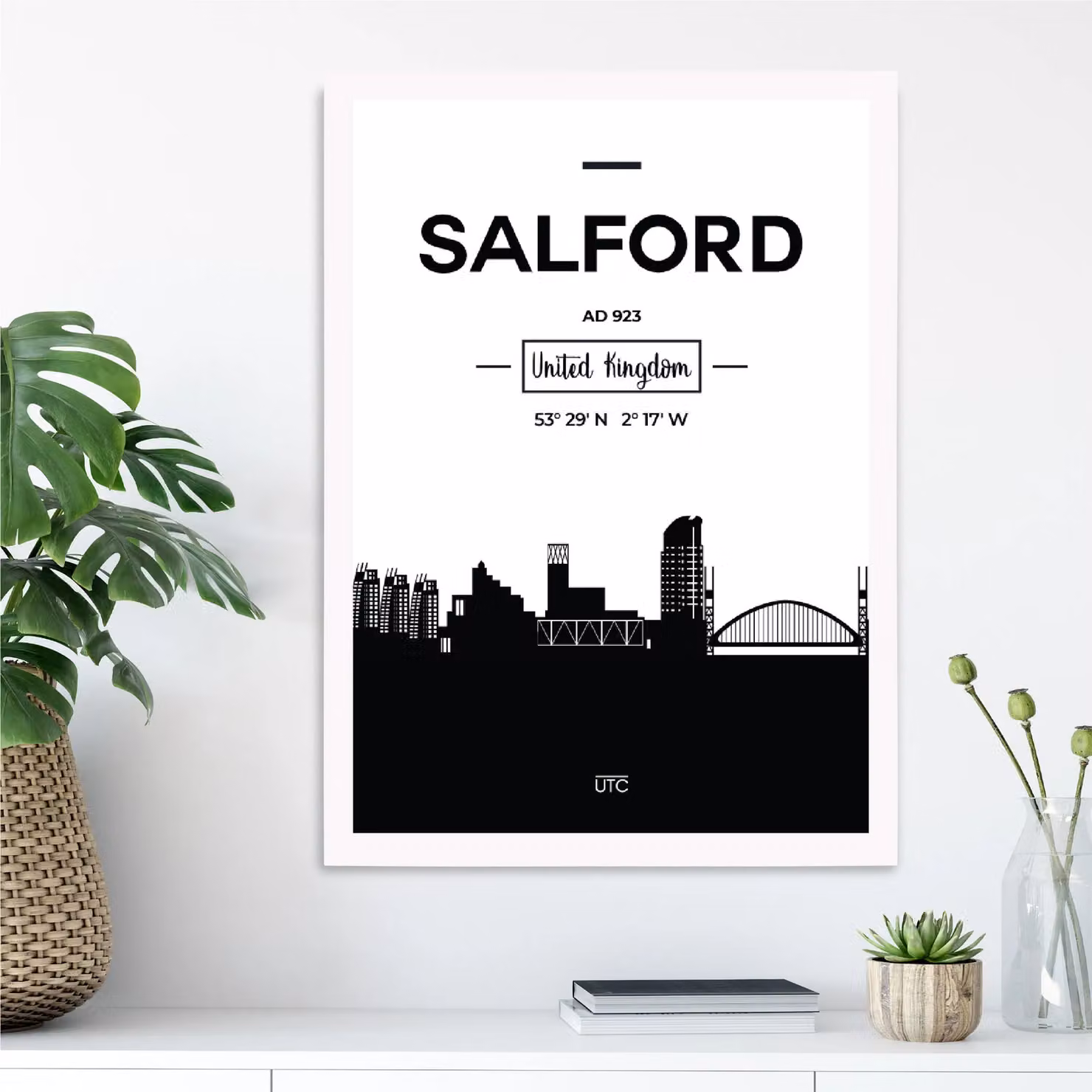 ARTZE Salford Black and White City Skyline Framed Print in White Frame – 2