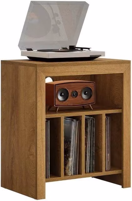 PAWNORA Large Industrial Wood Record Player Stand and Vinyl Storage in Brown – 1