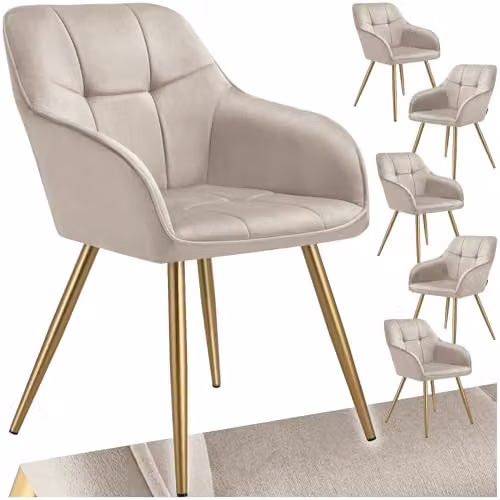 tectake Set of 6 Marilyn Dining Chairs with Velvet Fabric and Gold Metal Legs in Taupe/Gold